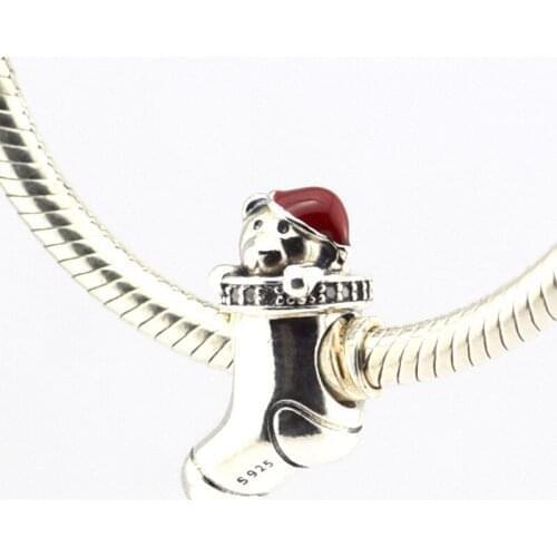 Red 2020 Bear Stocking Christmas Beads for Silver 925 Original Charms Bracelets Clear CZ Silver Beads for Jewelry Making