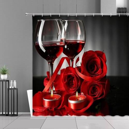 Creative Red Wine Glass Rose Flower Shower Curtains Champagne Beer Mug Festival Celebrate Couples Home Decor Bath Curtain Hooks
