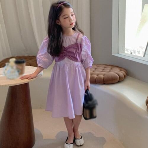 Summer Girls Dress Fake Two Purple Short-sleeved Princess Dresses In Summer Gentle Temperament Clothes