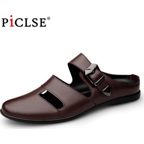 Larg size Genuine Leather Men Slippers Breathable Leather Shoes Men Sandals Moccasins Men Half Slippers Summer Mules Men Shoes
