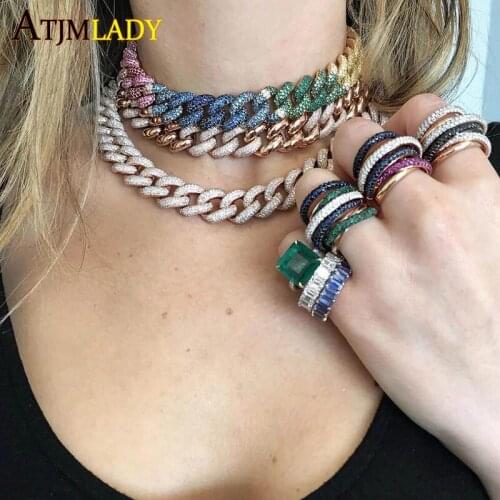 New arrived gold color women girl jewelry 15mm width multi color rainbow cz iced out bling Miami cuban chain choker necklace