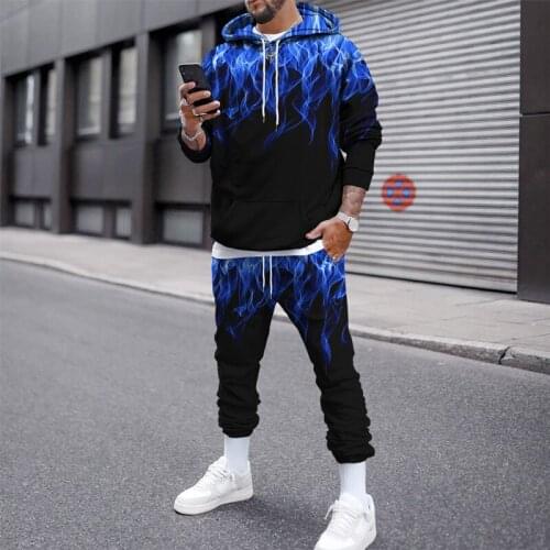 New Long Sleeve T-Shirt + Pants Suit 3D Flame Color Matching P-rinting sweater Casual Sportswear Spring and Autumn Mens Clothes