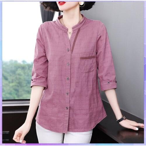 Solid Cotton Linen Tee Shirt Three-quarter Sleeves T-shirt Womens Plus Size T-shirts Summer Thin Plaid Top Ladies Large Size