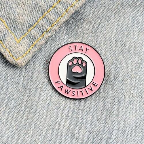 Stay Pawsitive Pink Cat Paw Cartoon Cowboy Brooch Enamel Pins Metal Broches for Women Badge Pines Metalicos Brosche Accessories