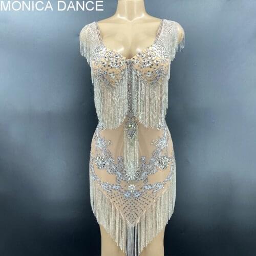 Sexy Stage Sparkly Silver Rhinestones Chain Fringe Transparent Dress Womens Birthday Celebrate Mesh Outfit Bar Dancer Dress