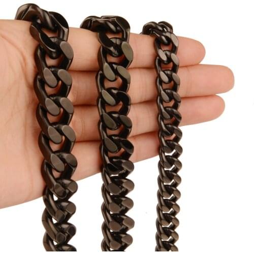 Polished Chain Necklace for Men Curb Cuban Link Black Color Stainless Steel Mens Necklace Or Bracelet Jewelry 9/11/13/15mm