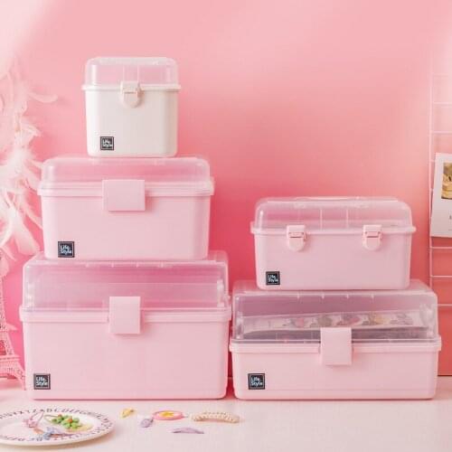 Pink Transparent Plastic Multilayer Children Hair Accessories Box Desktop Cosmetics Jewelry Manicure Three-layer Storage Box MJ