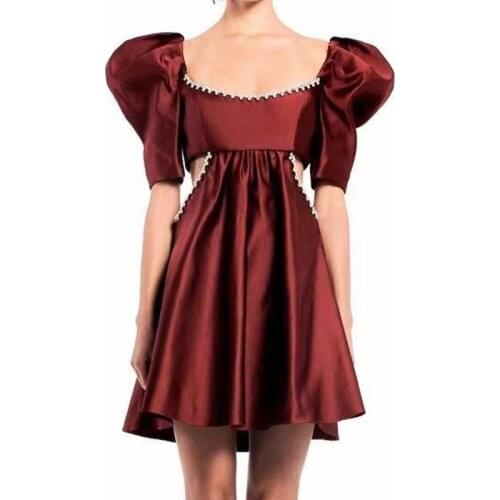 French retro temperament sexy red dress can be worn daily party annual meeting dress bubble sleeve girl
