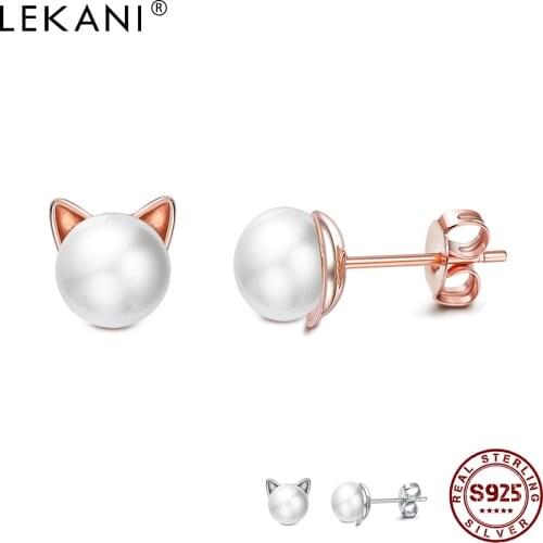 LEKANI S925 Sterling Silver Stud Earrings Freshwater Pearl Kitten Shaped Natural Earring for Women Engagement Party Fine Jewelry