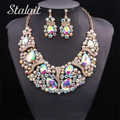 Wedding Jewelry Water Drop Shape Crystal Necklace Earrings Jewelry Set Rhinestone Bridal Accessories Gold Alloy Jewelry sets