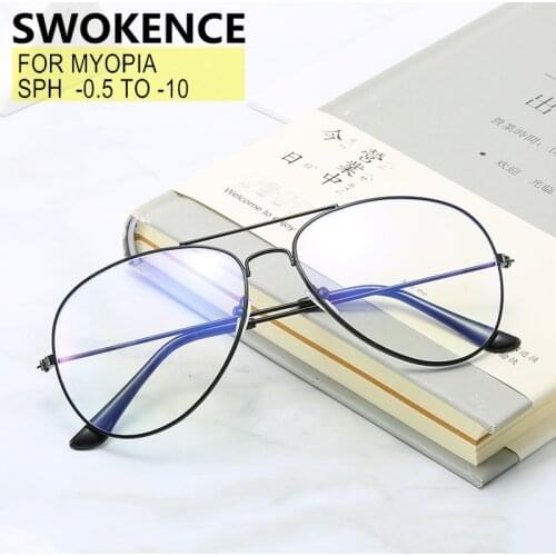 SWOKENCE Prescription Customizable -0.5 to -10 Myopia Glasses Women Men Fashion Design Alloy Frame Nearsighted Spectacles F076