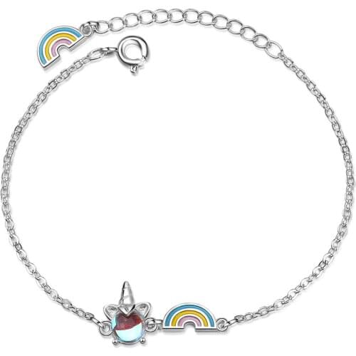 Real 925 Sterling Silver Jewelry Moonstone Unicorn Colorful Rainbow Adjustable Bracelets for Women Girls Lucky Accessories SB152