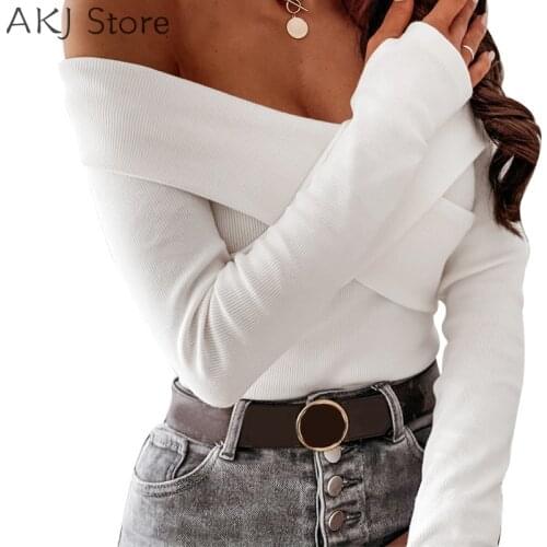 Women Criss Cross Off Shoulder Knitted T-Shirt Women Casual Long Sleeve Top