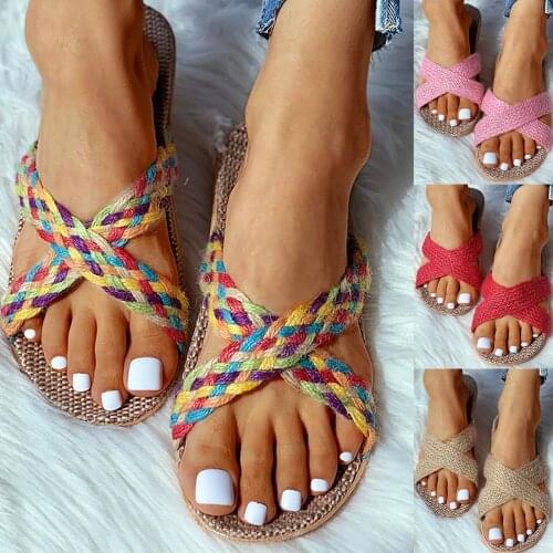 Women Summer Home Slippers Indoor Shoes 2021 New Casual Twisted Woven Flax Cut Out Flat Sandals Shoes шлепанцы женские летние