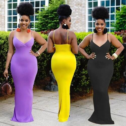 Women Solid Long Maxi Dress Spaghetti Strap Sexy Deep V Neck Stretchy Skinny Splited Package Hip Floor Lenth Night Party Vestid