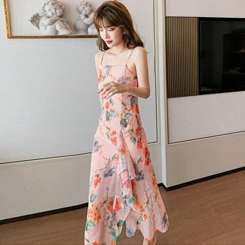 New Fashion Summer Beach Split Long Dress Ladies Elegant Sweet Vacation Clothes Sexy Strap Backless Print Ruffle Party Sundress