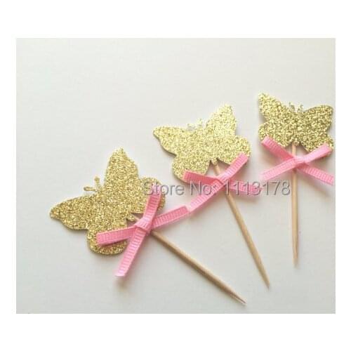 Gold Glitter Butterfly Cupcake Toppers with Bright Pink Bow Garden Party Decor. picks Birthday wedding bridal baby shower