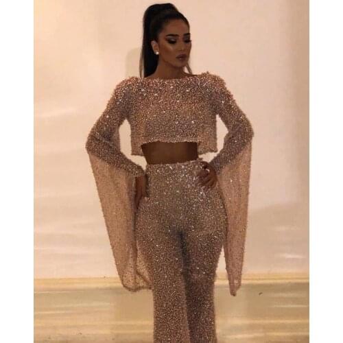 Zoulv 2021 Long Sleeve O Neck T-shirt High Waist NO Stretch Wide Leg Sequins Pants Trousers Fashion Women Fall Two-Piece