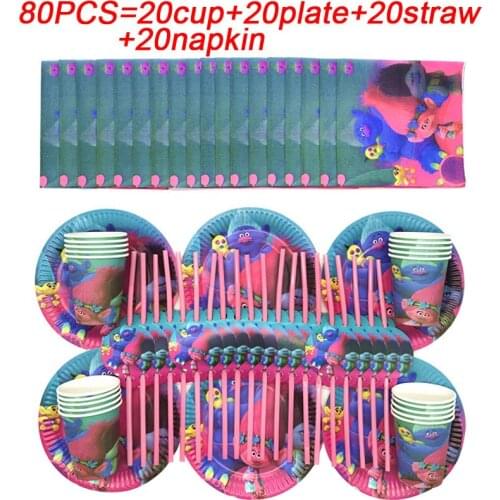 Trolls birthday party supplies kids decorations disposable tableware paper cup straw plates napkins boy baby party supplies set