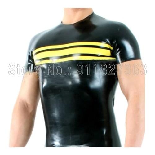Free Shipping!! Fashion 100% Handmade Latex Shirt Black and Yellow Short Sleeves Sexy Sport Top T-shirt