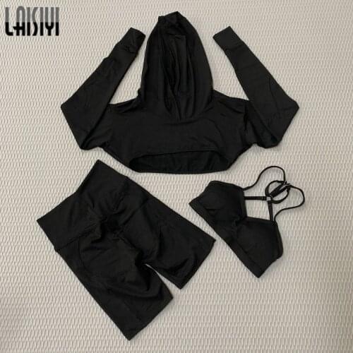 Seamless Set Sports Outfit Women Sportswear Workout Clothes For Woman Hooded Sweatershirts Bra Shorts Gym Clothing Fitness Suit