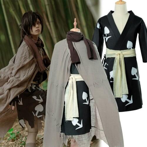 Anime Dororo Hyakkimaru Black Kimono Gray Cloak Cape Scarf Outfit Set Cosplay Halloween Costume Full Set