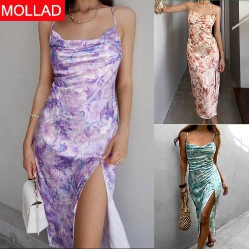 European and American 2021 Summer New Sexy Printed Strap Slim Fit Slit Backless Elegant Dress
