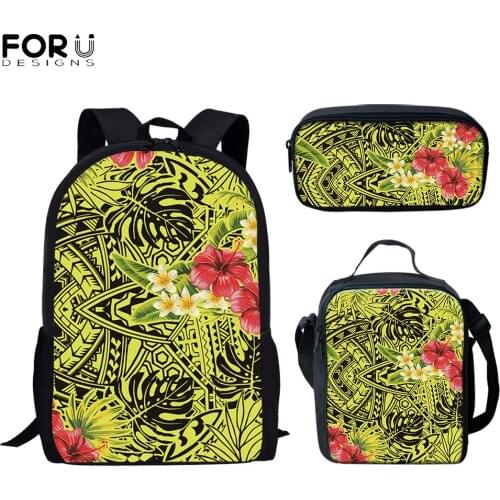 FORUDESIGNS Hot Sale Polynesian Plumeria Hibiscus Pattern Print Canvas Big Backpack Set Women Girls Student School Bags Bookbags