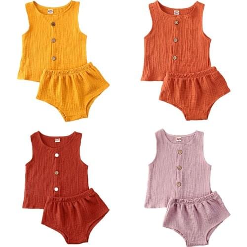 Newborn Infant Baby Girls Boys Clothes Sets 2PCS Solid Sleeveless Single Breasted Vest Tops+Shorts 4Colors