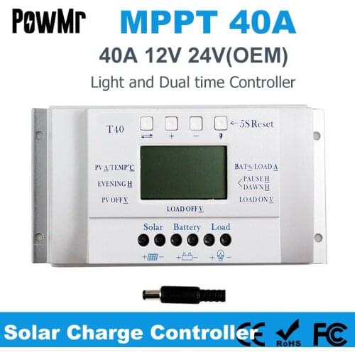 MPPT 40A Solar Charge and Discharge Controller 12V 24V LCD USB Regulator with Load Dual Timer Control for Solar Lighting System