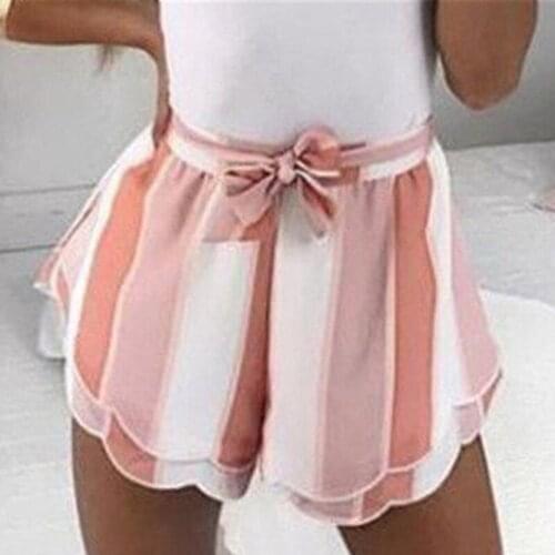 Hot Sale Casual High Waist Belted Drawstring Loose Shorts Women Fashion Lotus Leaf Edge Striped Shorts Feminino
