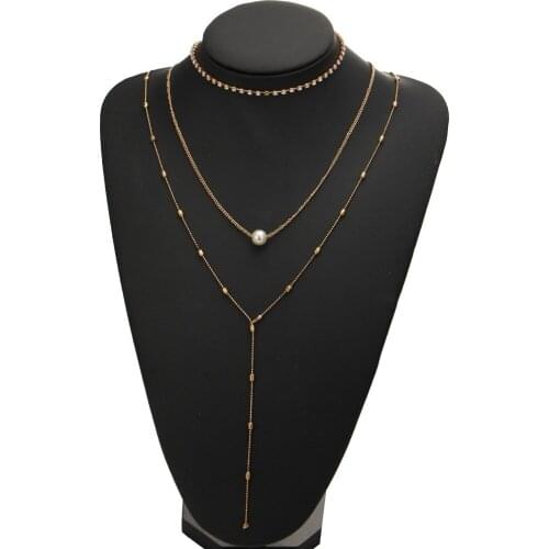 Multilayer Simulated Pearl Chocker Necklaces Gold Color Crystal Rhinestone Link Chain Long Tassel Beads Pendant Women Jewelry