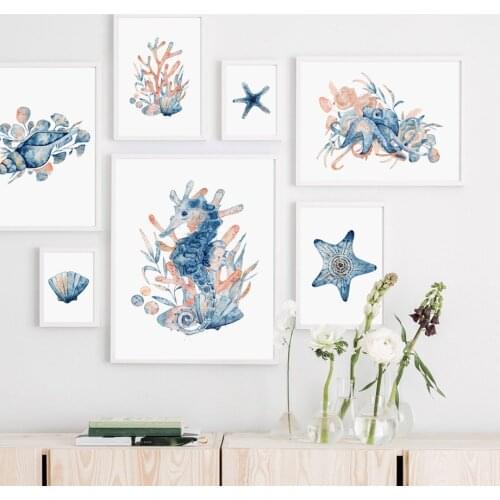 Ocean Animal Navy Blue Hamptons Sea Life Turtle Nursery Wall Art Canvas Painting Nordic Poster Wall Picture Baby Kids Room Decor
