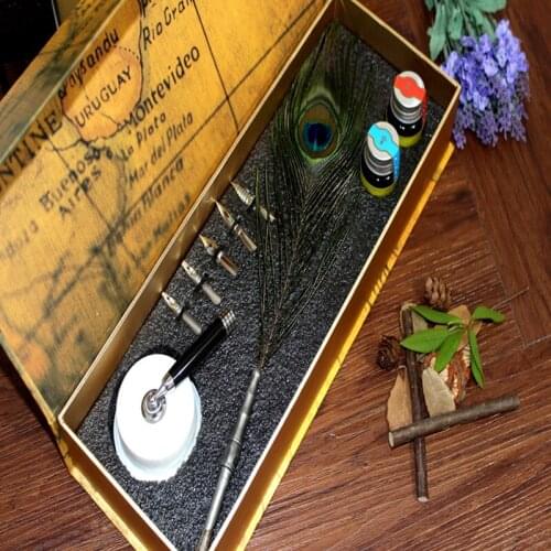 Natural Peacock Feather Dip Pen Set with Pen Holder Deluxe Feather Pen