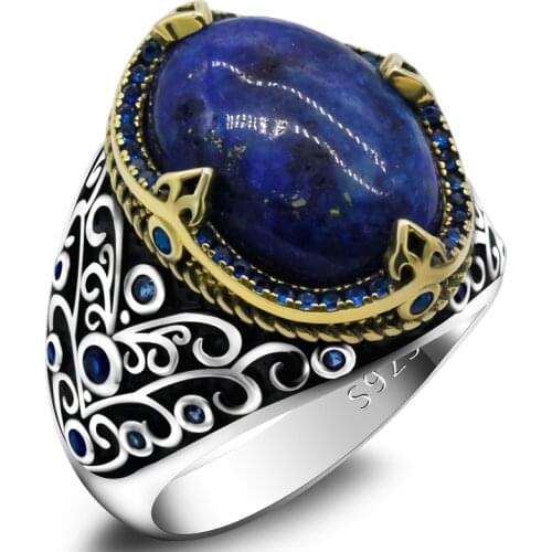 New Mens Vine Ring 925 Sterling Silver Natural Lapis Lazuli Anchor Ring Retro Antique Turkish Handmade Jewelry Husband Gift