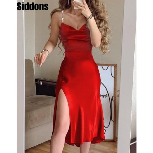 Women Sexy Summer Studded Strap Buttoned Design Midi Dress Solid Color Swinging Neck Side Slit Satin Party Dress