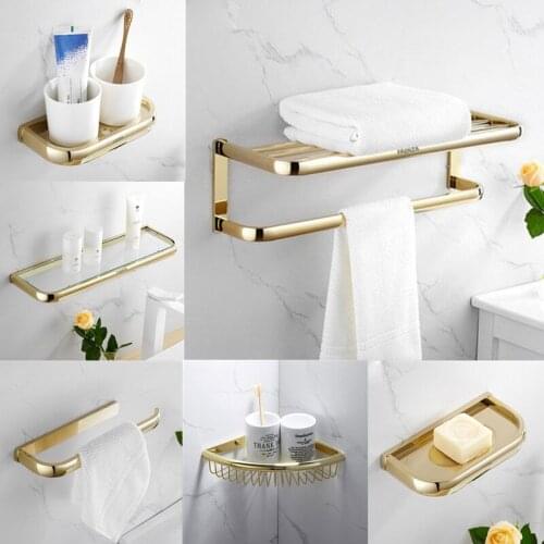 All Copper Gold Towel Rack European Bath Towel Rack Corner Shelf Toilet Brush Holder Bathroom Hardware Pendant Set Mirror Plated