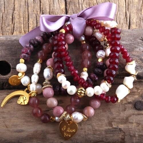 RH Fashion Boho Jewelry Semi Precious Stone Bracelet Ribbon Bowknot 5pc Bracelets Sets For Women Bohemian Gift DropShip