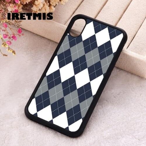 Iretmis 5 5S SE Phone Cover Case for iPhone 6 6S 7 8 Plus X Xs XR 11 12 Mini Pro Max Rubber Silicone Grey & White Argyle Pattern