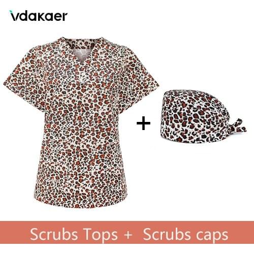 Scrubs Tops Women Sexy leopard Print V-neck Shirt Short Sleeve Beauty Salon Working Uniform Healthcare Workwear Spa Tops