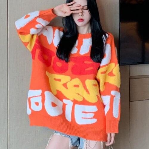 Loose Flocking Winter Sweater Patchwork Letter Oversized Sweater Fashion Women Knitted Tops 2021 New Pullover Plus Size Sweater