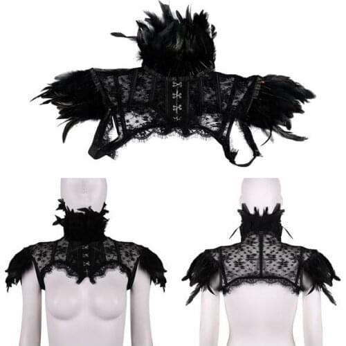Vintage Lace Feather Shrug Shawl Punk Gothic Fake Collar Wrap for Halloween Cosplay Shoulder Wrap Cape Rave Jacket Stole Costume