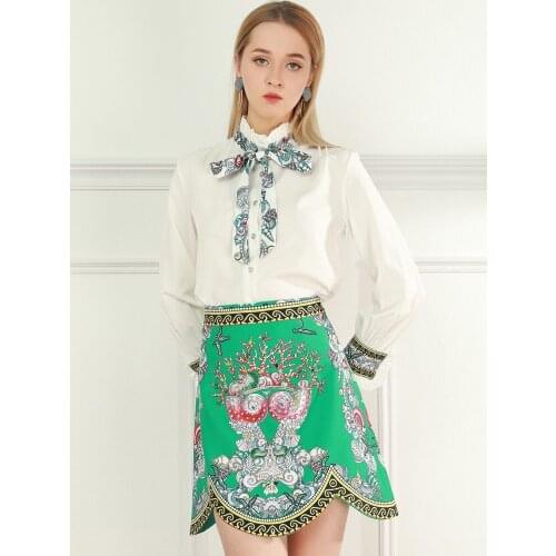High quality womens summer lotus leaf collar white blouse bow long sleeves Small skirt print beading 2 piece suit women 2021