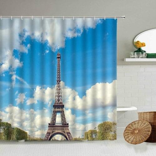 Paris France Tourist Attractions Shower Curtain Iron Tower Building Blue Sky White Clouds Natural Photography Bathroom Screen
