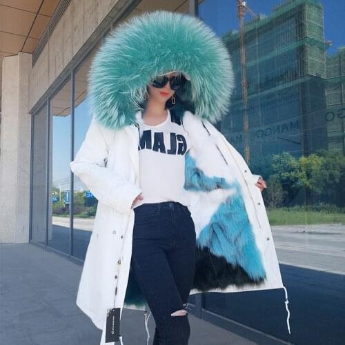 Womens Winter Fashion 2018 Colorful Fur Coats Women Long Hooded Fox Fur Liner Jacket Raccoon Fur Collar Thick Cotton Parkas