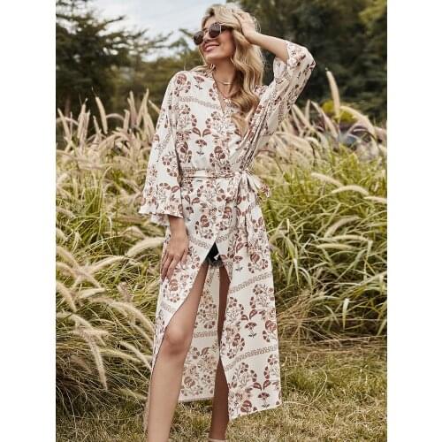 2021 Summer Casual Fashion Bandage Sunblock Cardigan Cover Long Shirt Bohemian Beach Holiday Floral Print Outfits Women