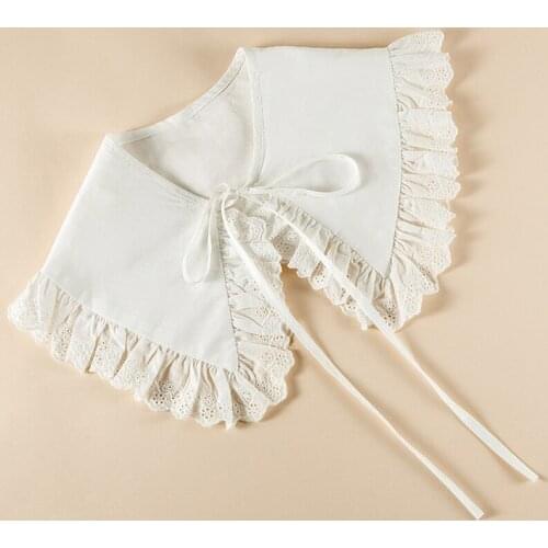 Null Royal Style Women Girls Cotton Fake Collar Shawl Wrap Hollow Out Floral Lace RuffledTrim Necklace Pointed Triangle Lapel