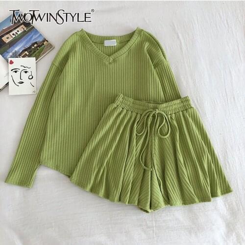 TWOTWINSTYLE pure color knitting two piece set for female v neck long sleeve top high waist shorts womens sportswear