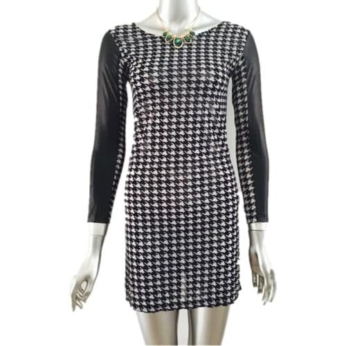 Woman Dress Fashion European Dtyle Houndstooth Sim Long Sleeve Stitching