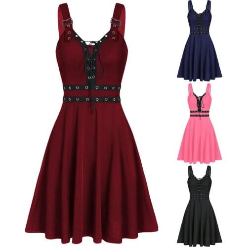 S-2XL Gothic Punk Style Woman Dress Solid Bandage Strappy Sleeveless Camisole Irregular Hem Dress Trendy Streetwear robe